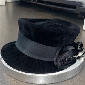 Philip Treacy Elegant Black Velvet Hat with Ribbon and Feather Detail